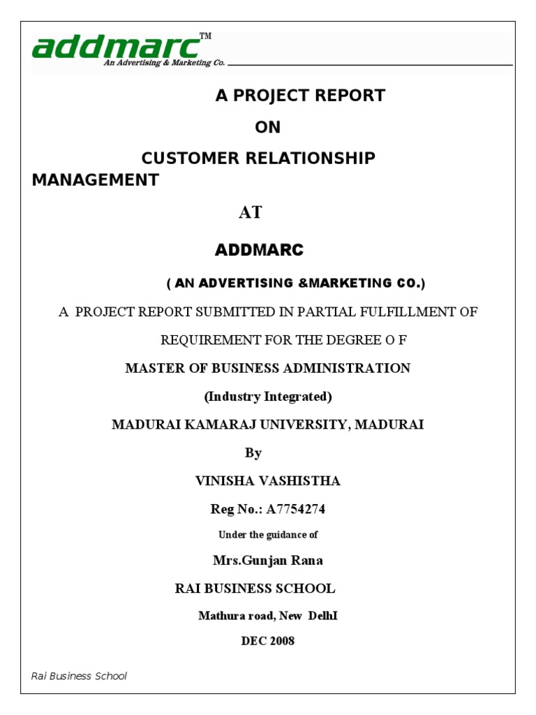 Mba Project A Project Report On Customer Relationship Management | PDF