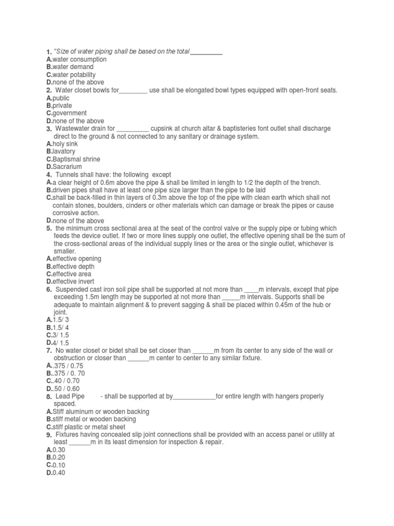 Plumbing Code Quiz Plumbing Pipe (Fluid Conveyance) Free 30day