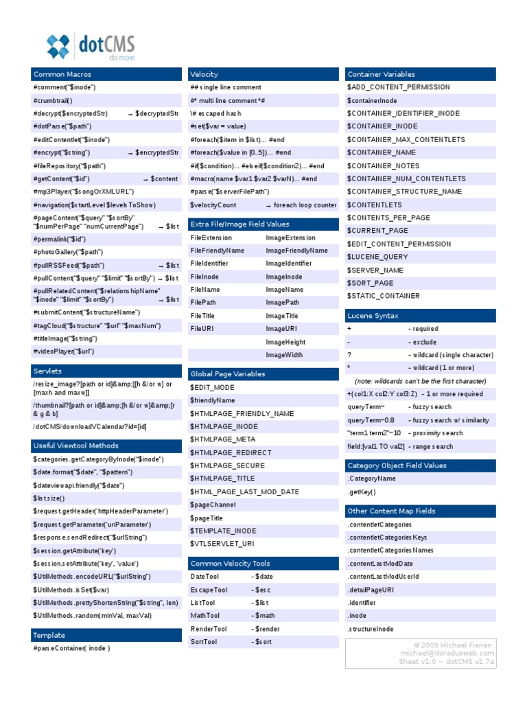 DotCMS Common Macros Cheat Sheet | PDF | Software Development ...
