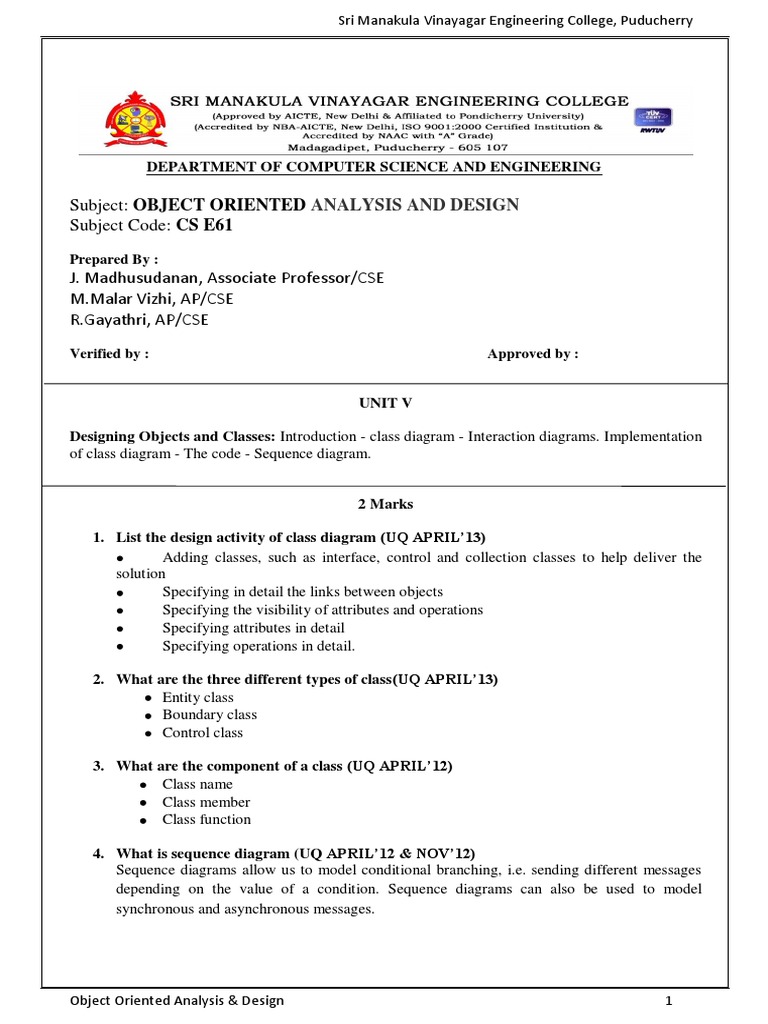 Subject: Object Oriented Subject Code: CS E61: Analysis and Design ...
