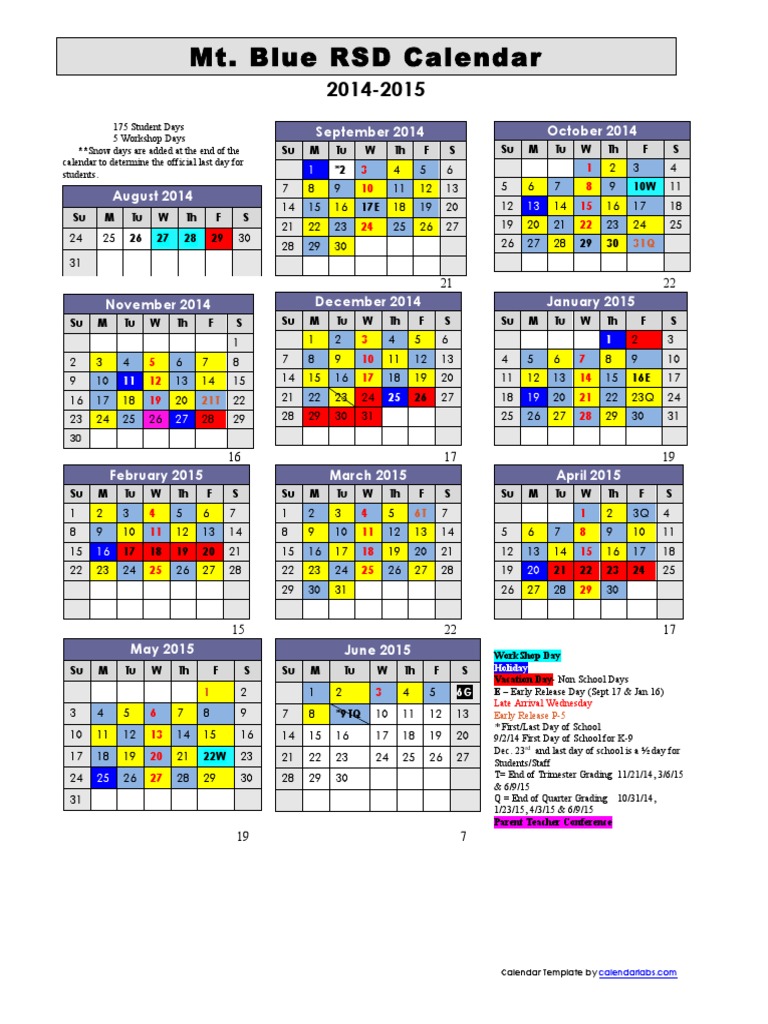 2014 2015 Calendar Blue Gold Schools Educational Institutions