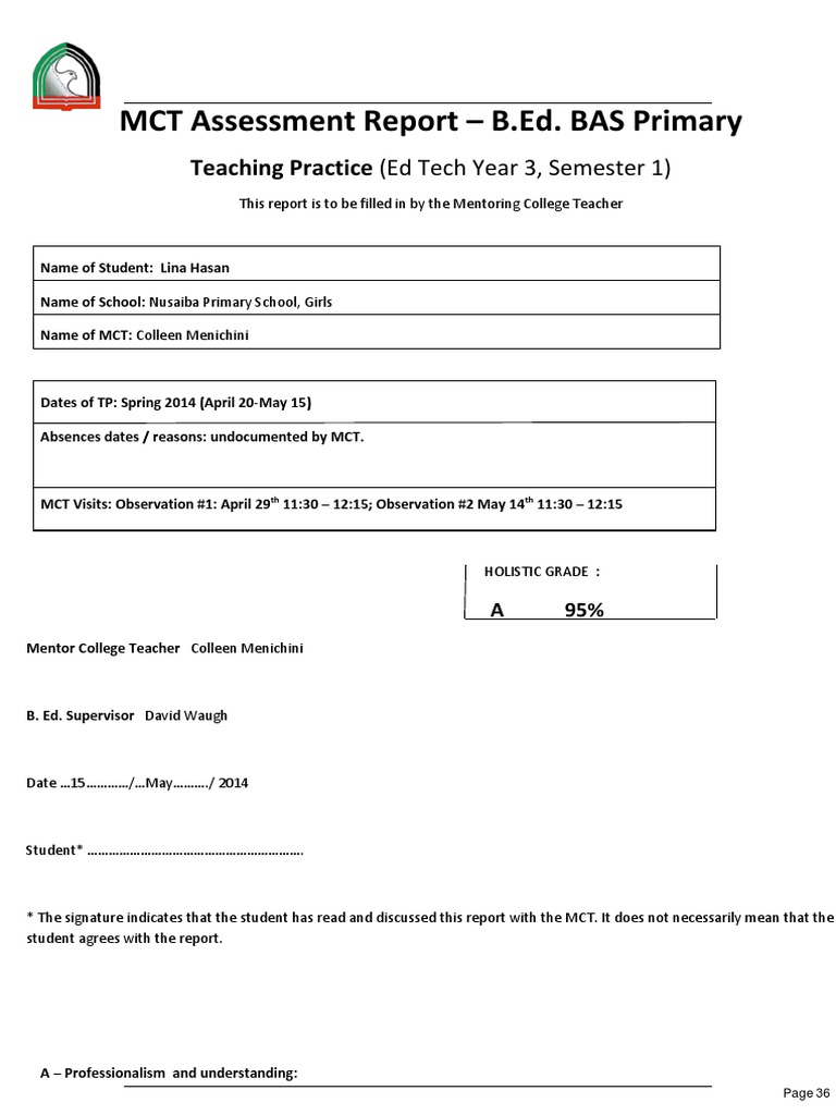 MCT Assessment Report for Lina Hasan | PDF | Classroom | Teachers