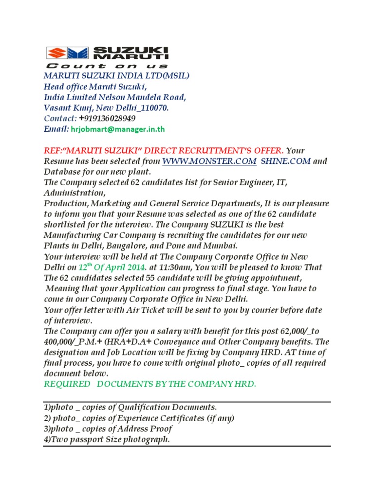 Maruti Suzuki India LTD (Msil) Head Office Maruti Suzuki, India Limited Nelson Mandela Road