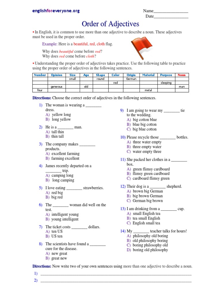 Order of Adjectives Practice Worksheet | PDF | Adjective | Semantic Units