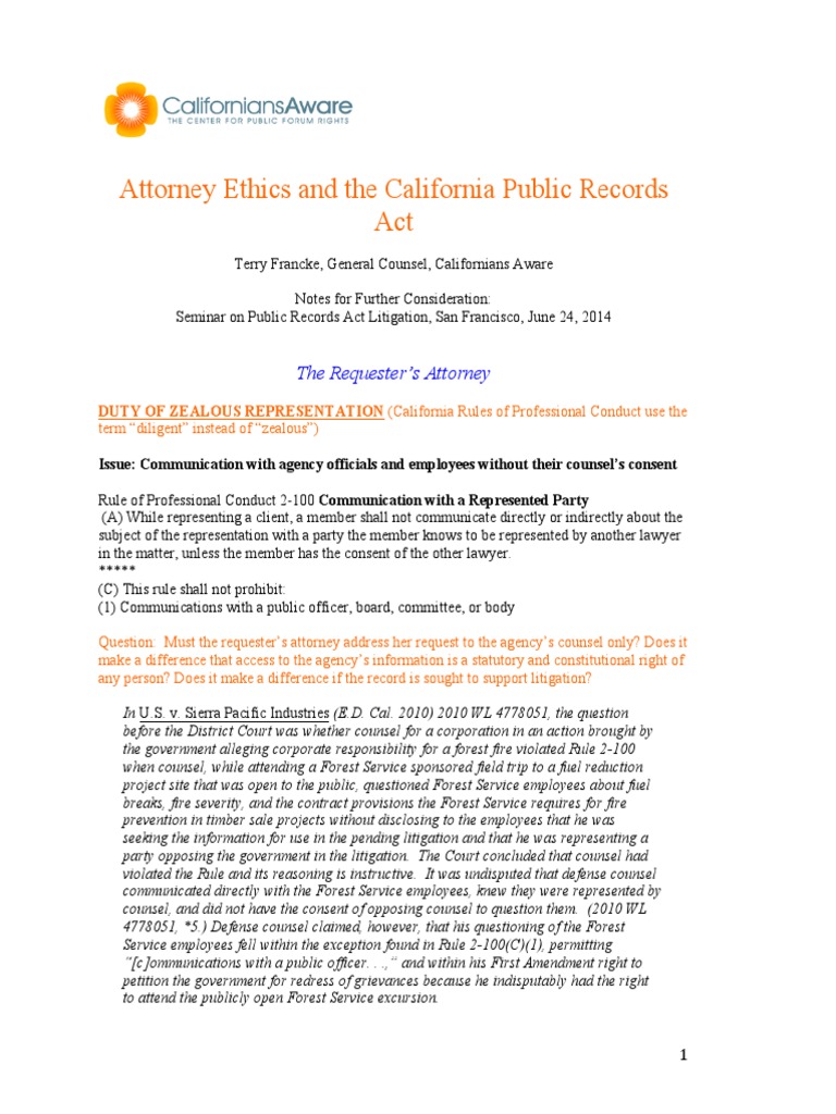 Attorney Ethics and the California Public Records Act Confidentiality