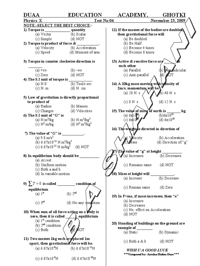 Physics Test No. 04 - Torque & Gravity | PDF