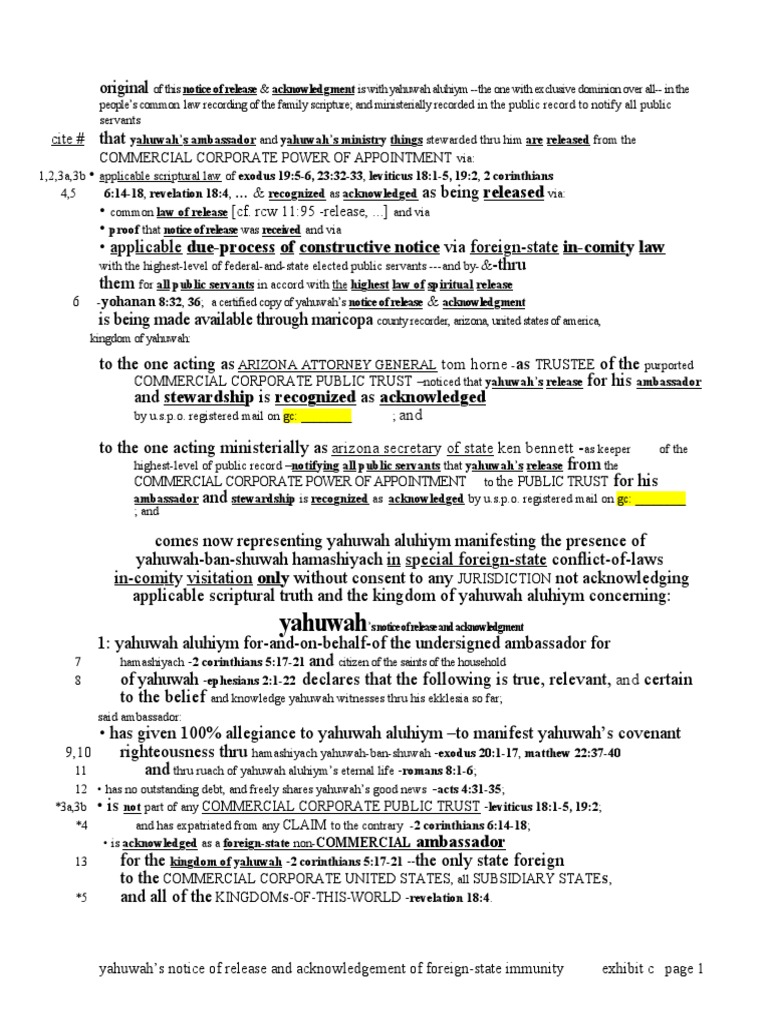 Yahuwah's Notice of Release and Immunity | PDF | Government | Social ...