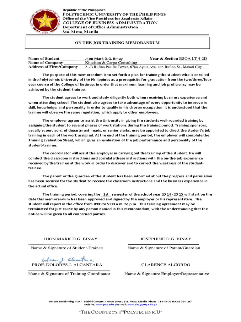 Memorandum of Agreement Cognition Psychology & Cognitive Science