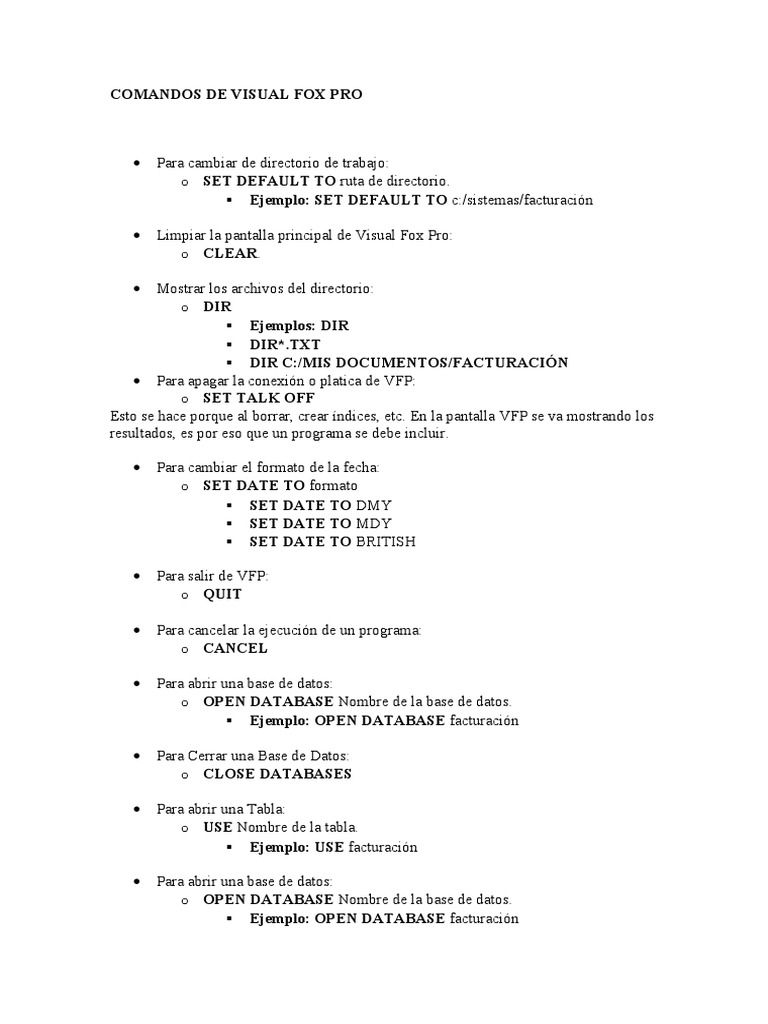 Comandos esenciales de Visual FoxPro | PDF | Datos | Informática