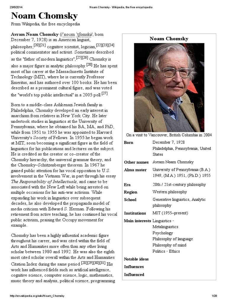 Noam Chomsky - Wikipedia, The Free Encyclopedia | PDF | Noam Chomsky ...