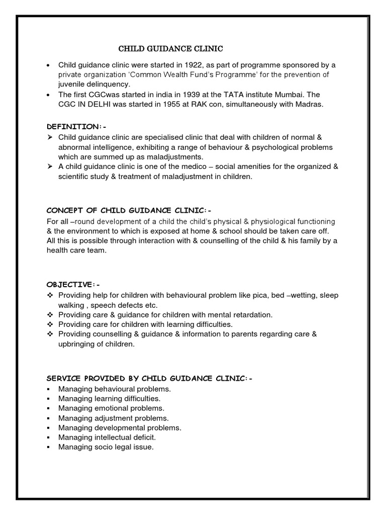 Child Guidance Clinic Psychotherapy Chronic Condition Free 30day