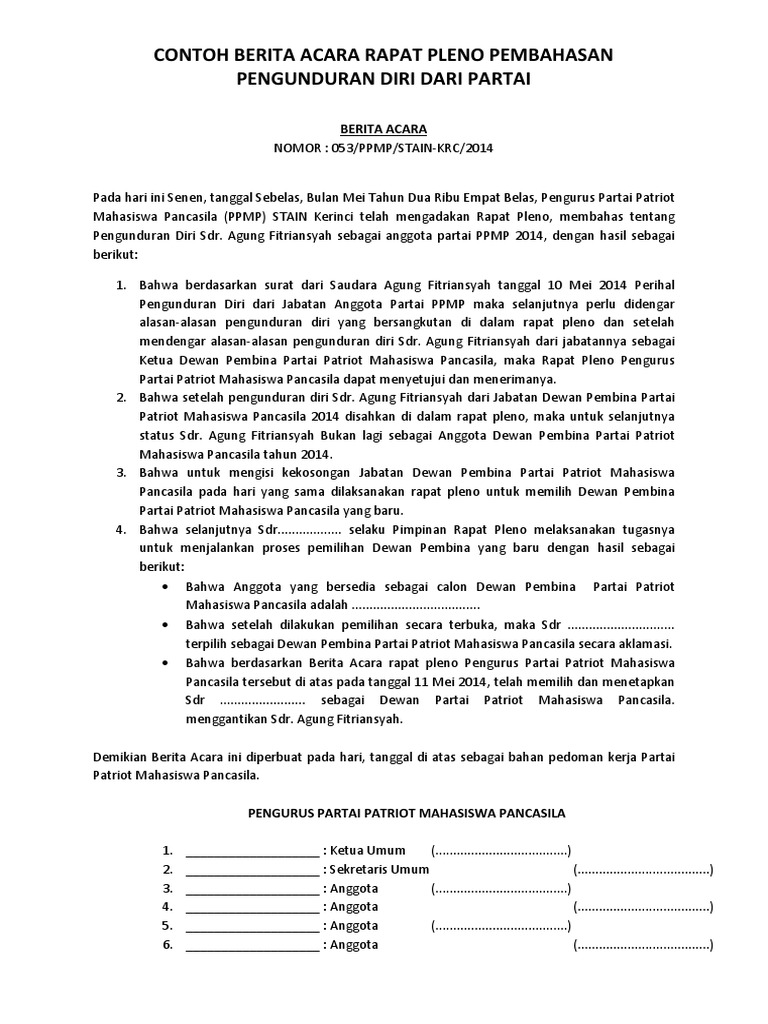 Berita Acara Pengunduran Diri Partai Docx Berdasarkan surat pengunduran diri anggota BPD saudara Drs.