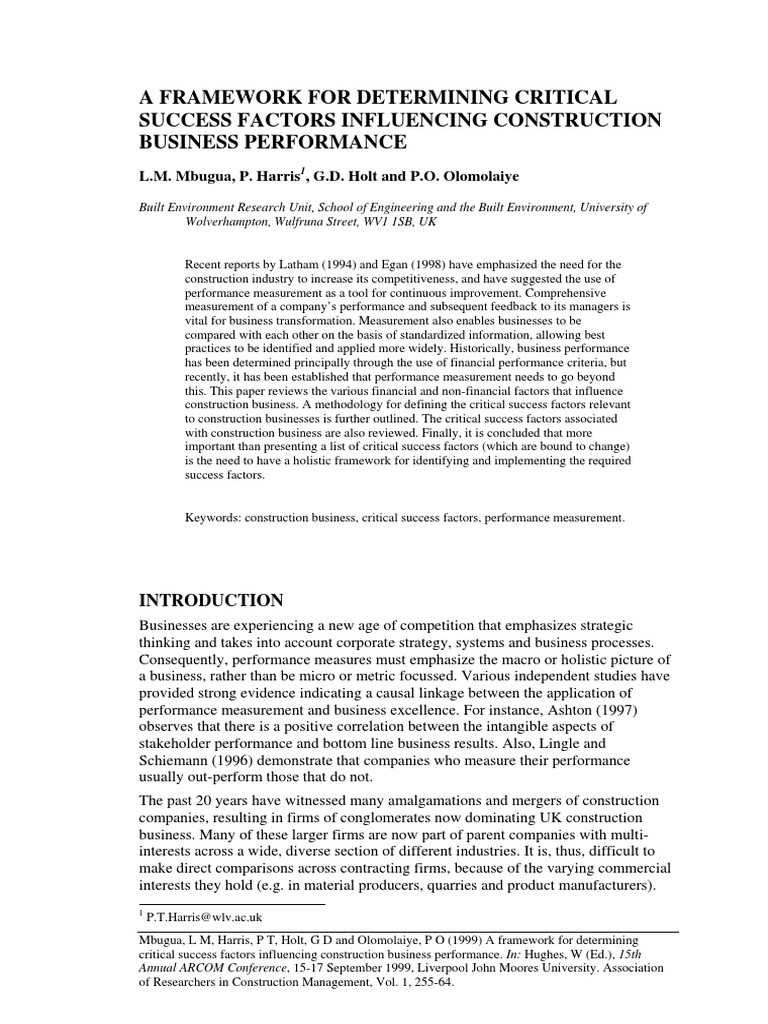 Critical Success Factors in Construction | PDF