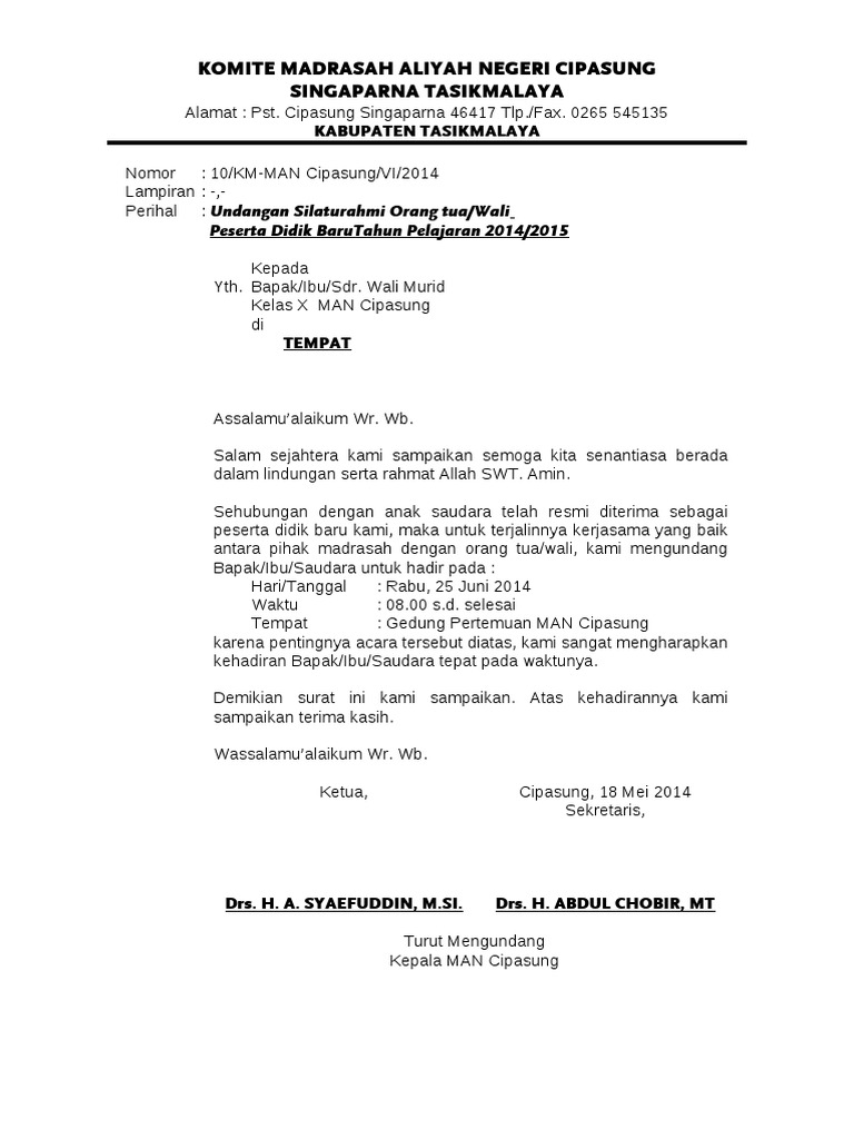 Surat Undangan Rapat Orang Tuawali Tahun Pelajaran 2014
