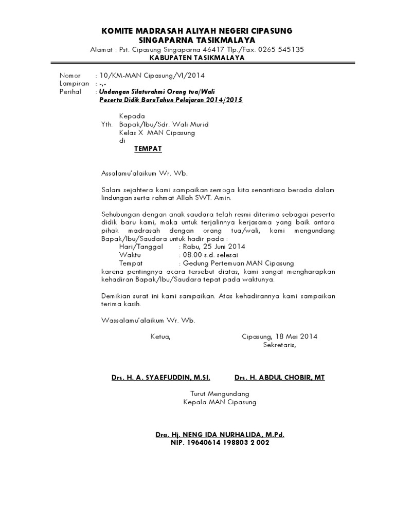 Surat Undangan Rapat Orang Tua/Wali Siswa Baru