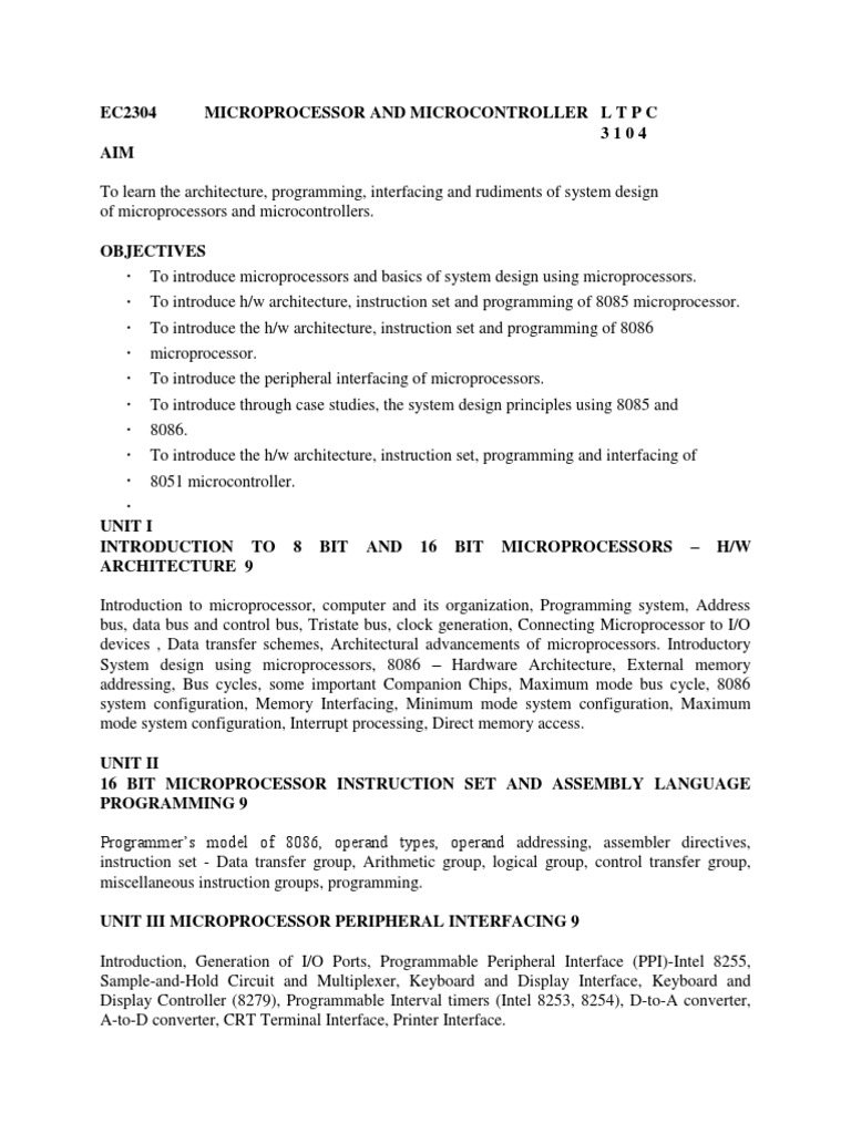 Ec2304 Microprocessor And Microcontroller L T P C - 