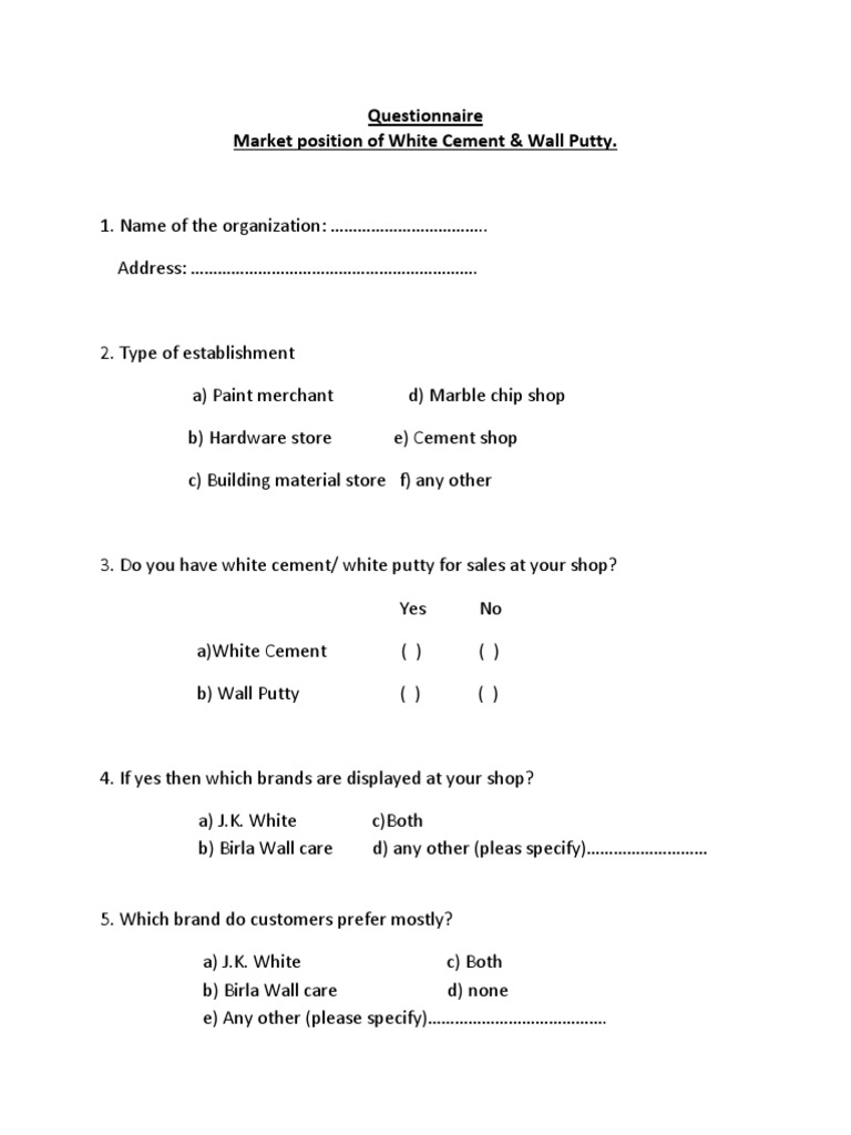 Questionnaire Dealer Survey Brand Cement