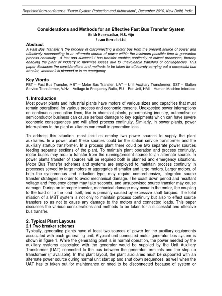 Fast Bus Transfer System Insights | PDF | Engines | Electric Generator