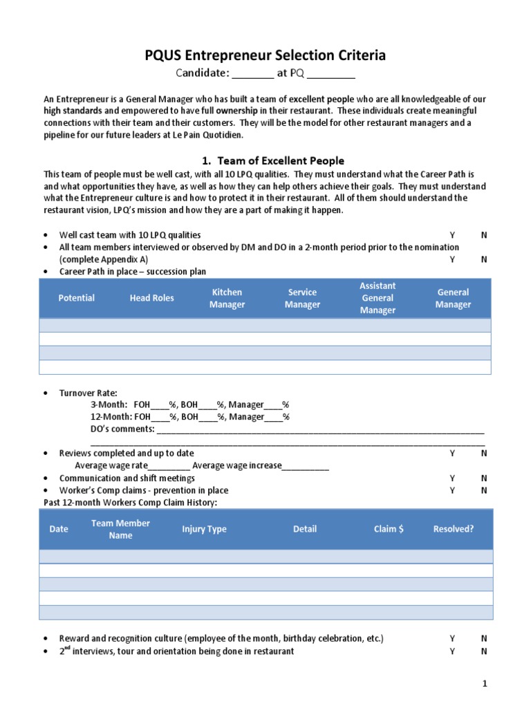 Entrepreneur Selection Criteria Blank PDF Restaurants