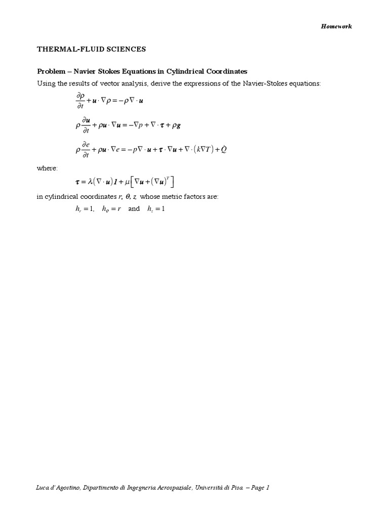 Navier Stokes Equations in Cylindrical Coordinates PDF Scientific