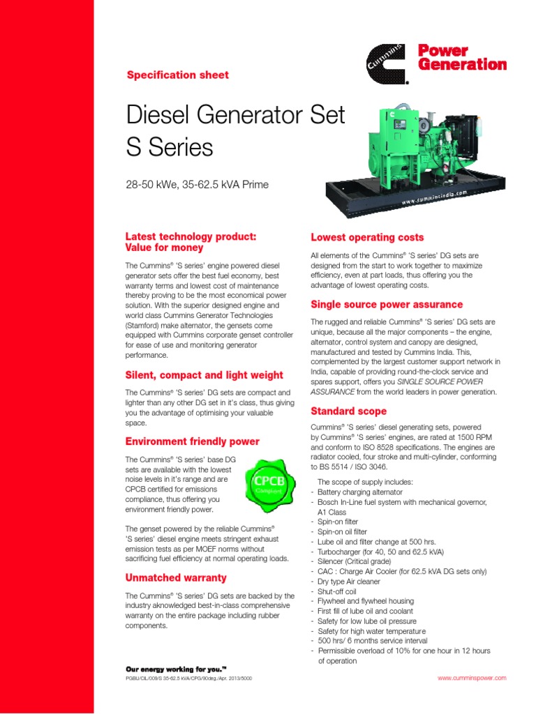 Diesel Generator Set S Series: Specification Sheet | PDF | Cummins ...