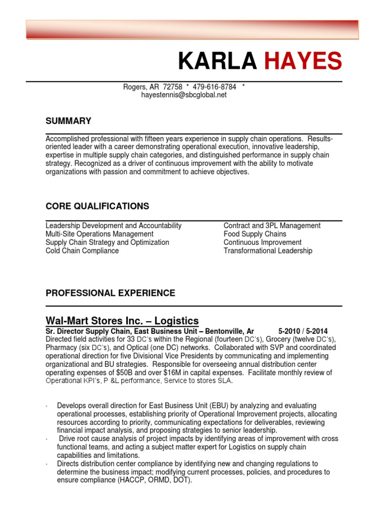 VP Director Supply Chain Operations In Fayetteville AR Resume Karla 