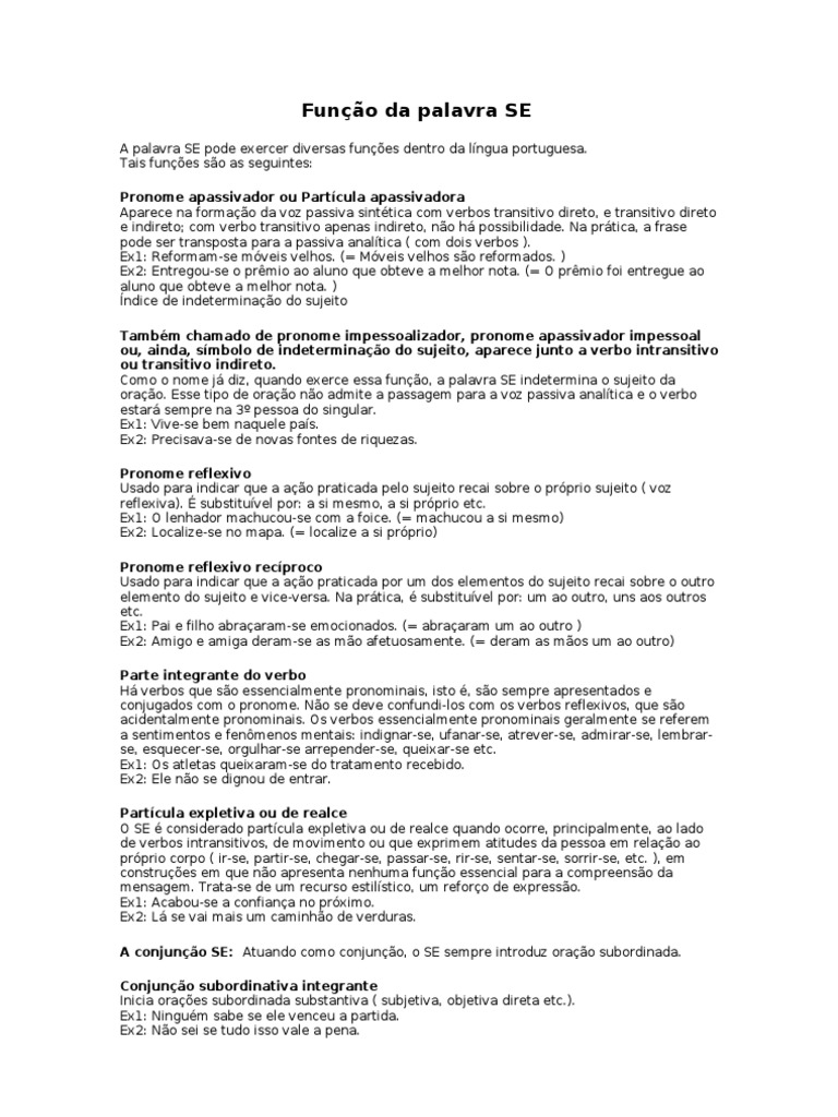 Função Da Palavra SE | Download grátis PDF | Assunto (gramática ...