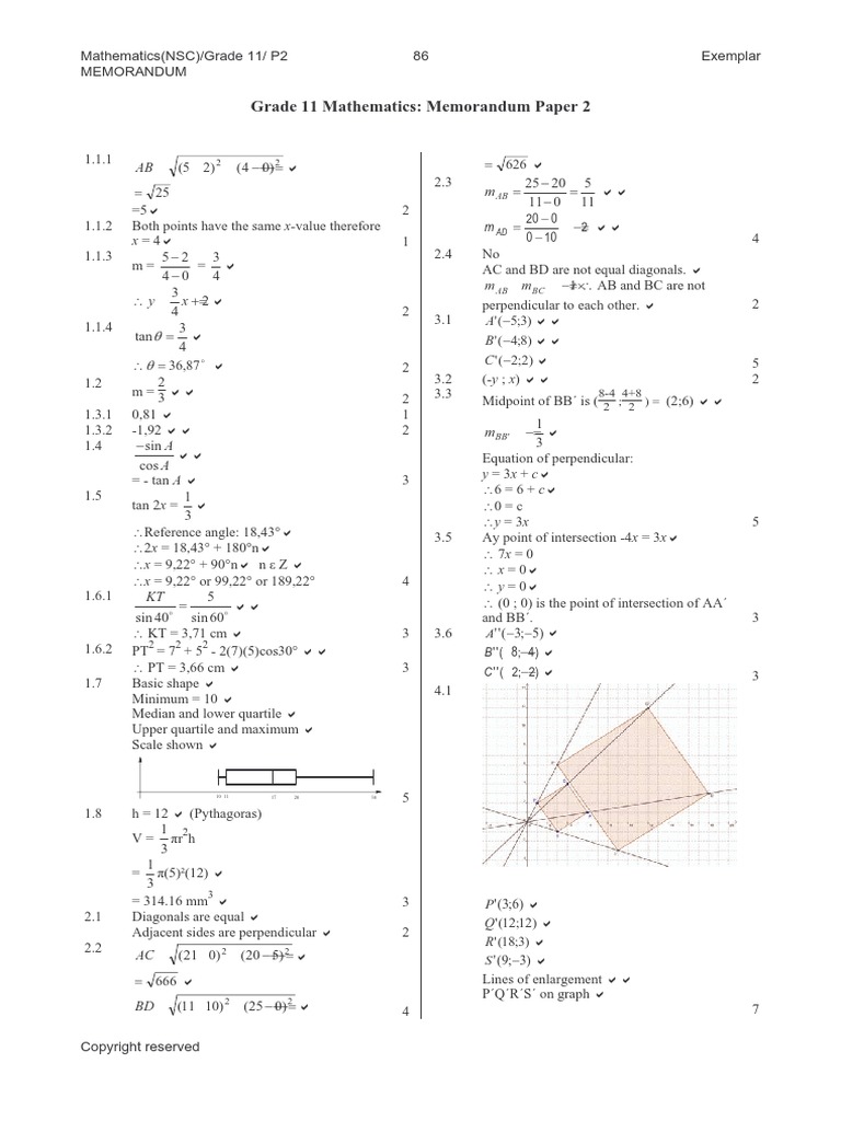 Grade 11 Mathematics: Memorandum Paper 2 | PDF