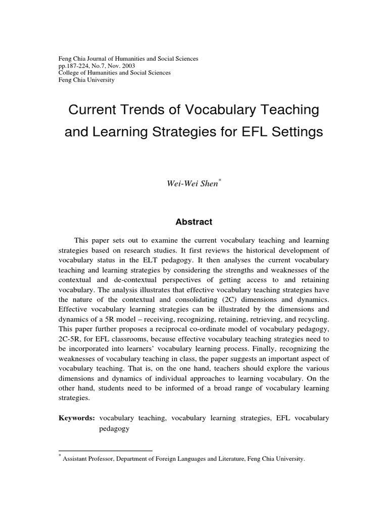 Efl Vocabulary Teaching Strategies Pdf Vocabulary English As A