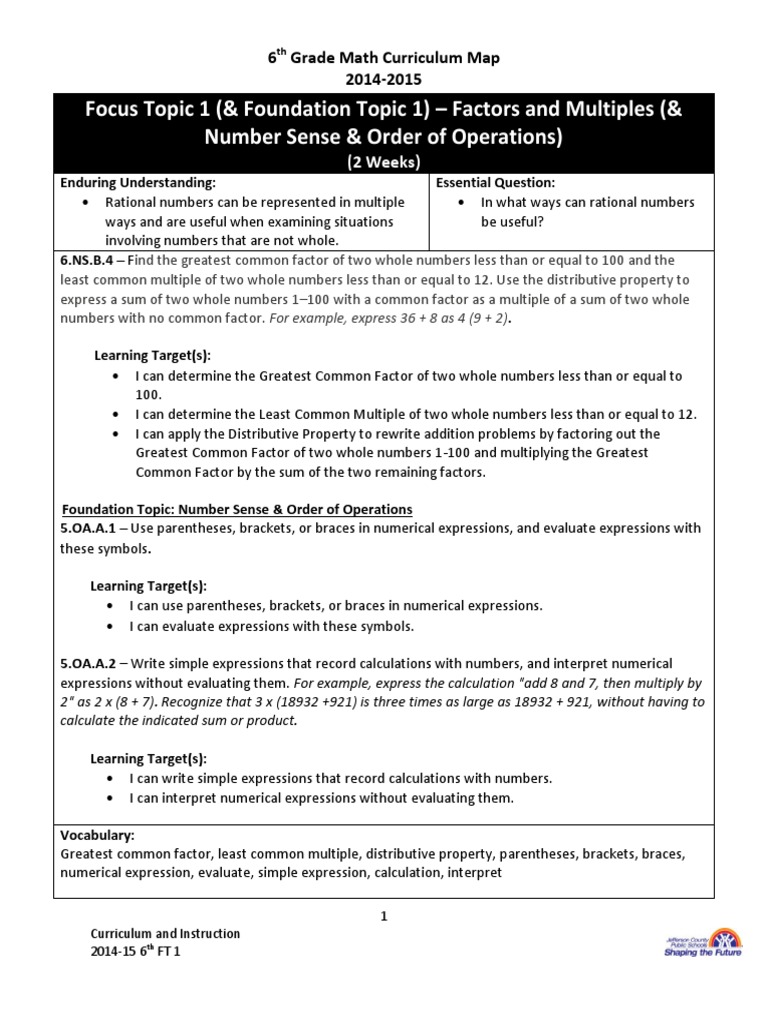 6th Grade Math Curriculum Map 2014-15 | PDF | Bracket | Cognition
