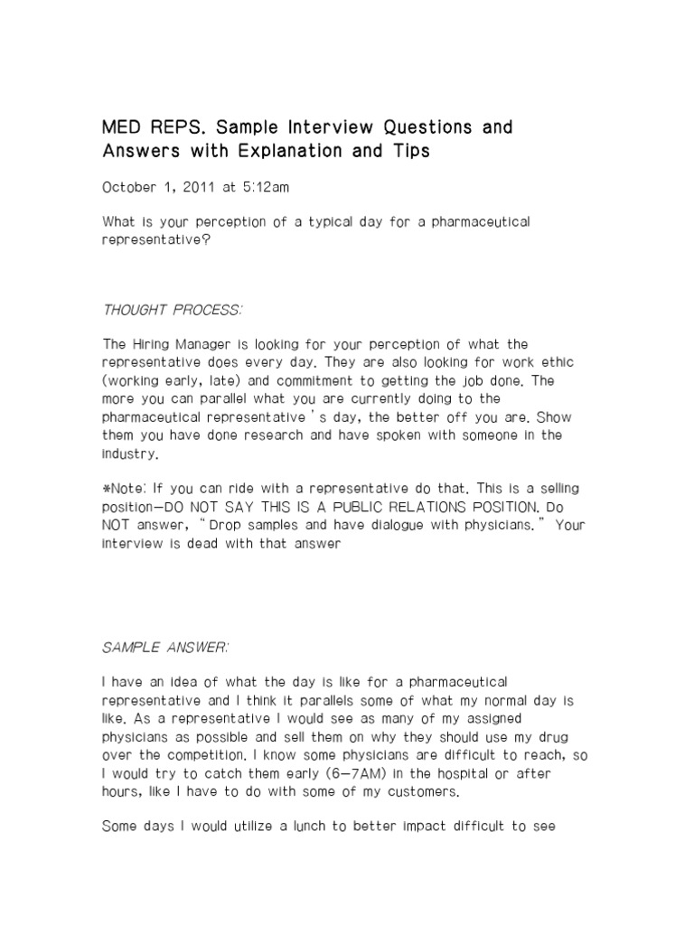 MED REPS. Sample Interview Questions and Answers With Explanation and ...