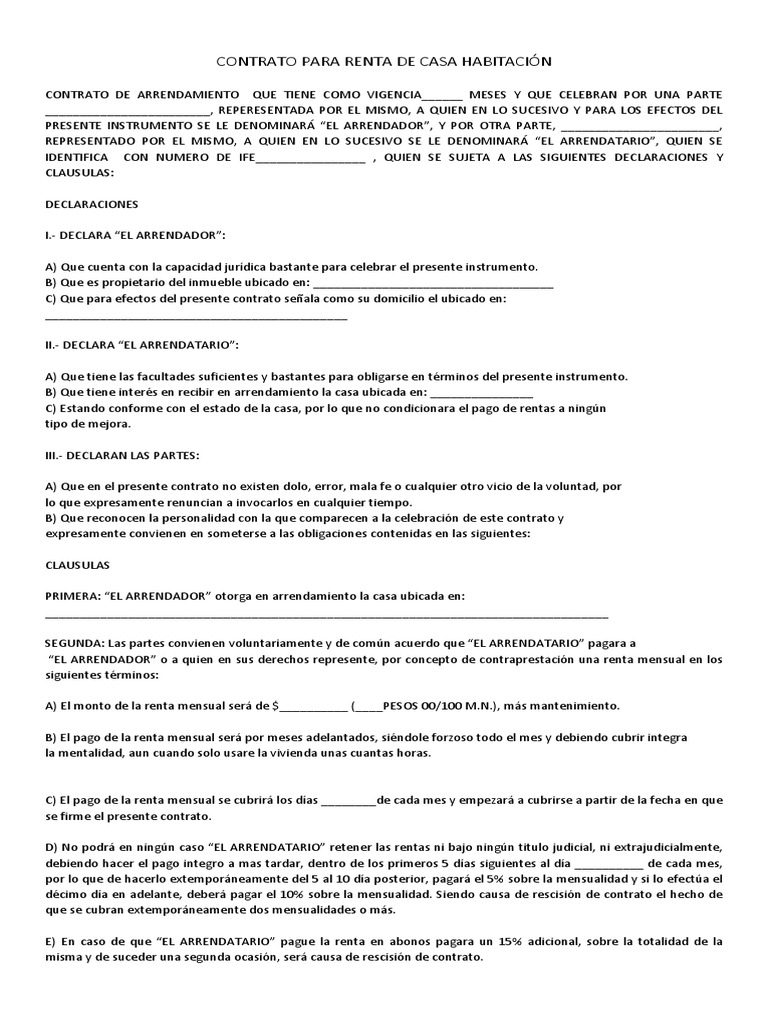 Contrato Para Renta de Casa Habitación Alquiler Pagos