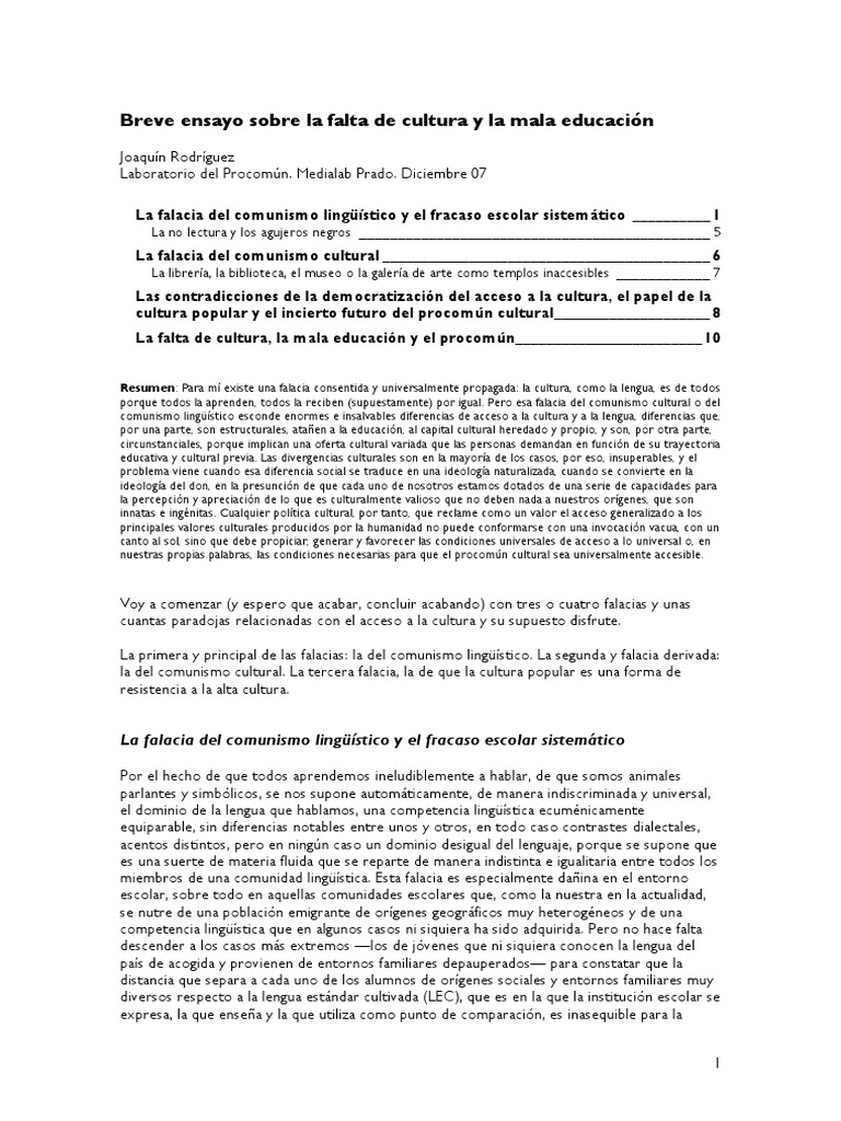 Breve Ensayo Sobre La Falta de Cultura y La Mala Educación | PDF ...