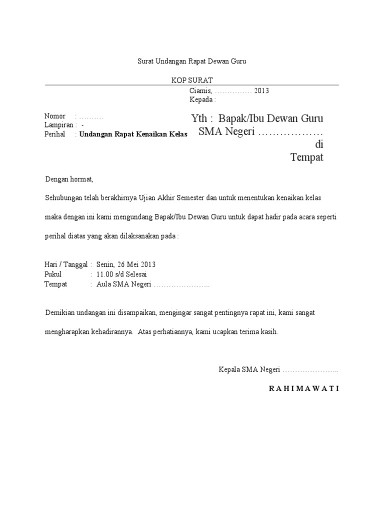 Contoh Undangan Rapat Kenaikan Kelas