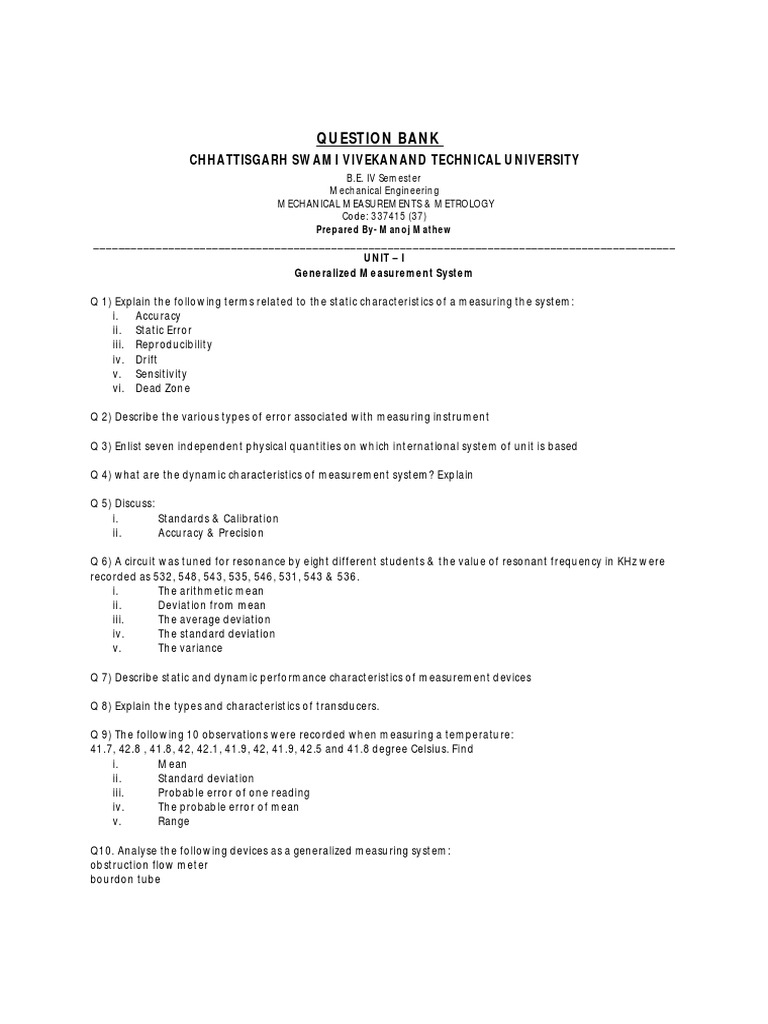 Question Bank (MMM) PDF Calibration Accuracy And Precision