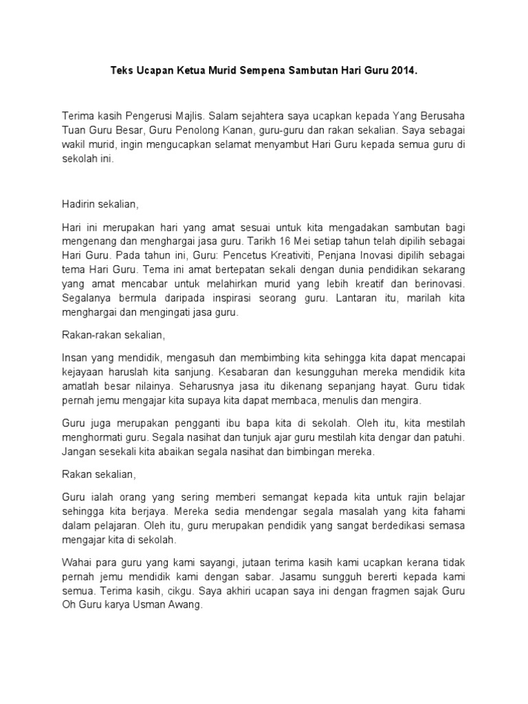 Teks Ucapan Ketua Murid Sempena Sambutan Hari Guru 2014 Pdf