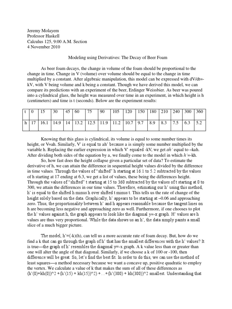 Modelling Beer Foam Decay Download Free PDF Mathematical Model