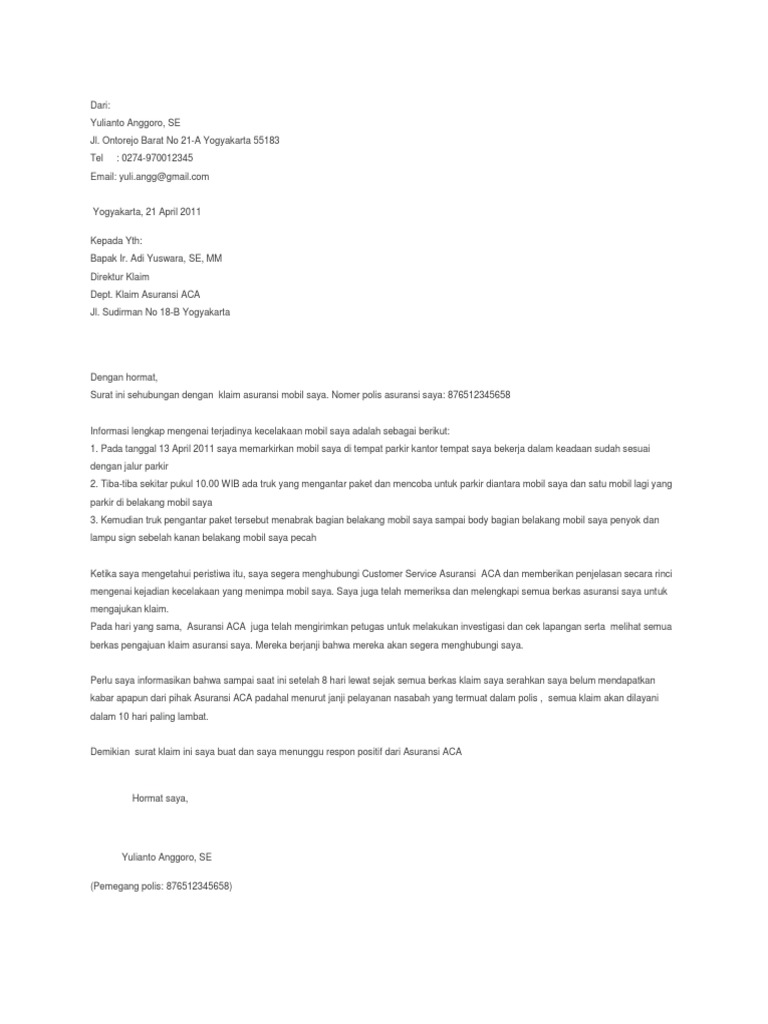 Contoh Surat Klaim Mobil