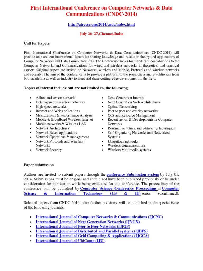 CNDC-2014: Call for Papers on Networks | PDF | Technology & Engineering
