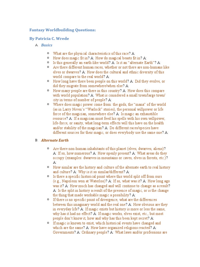 Fantasy Worldbuilding Questions: by Patricia C. Wrede: Basics | PDF