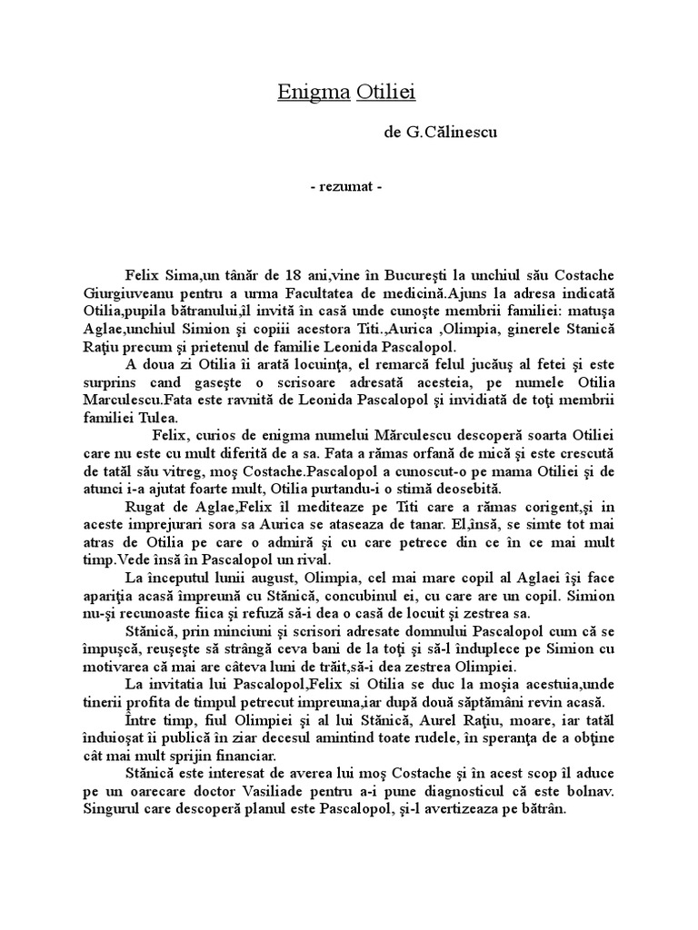 Puiul Rezumat Rezumat Enigma Otiliei | PDF