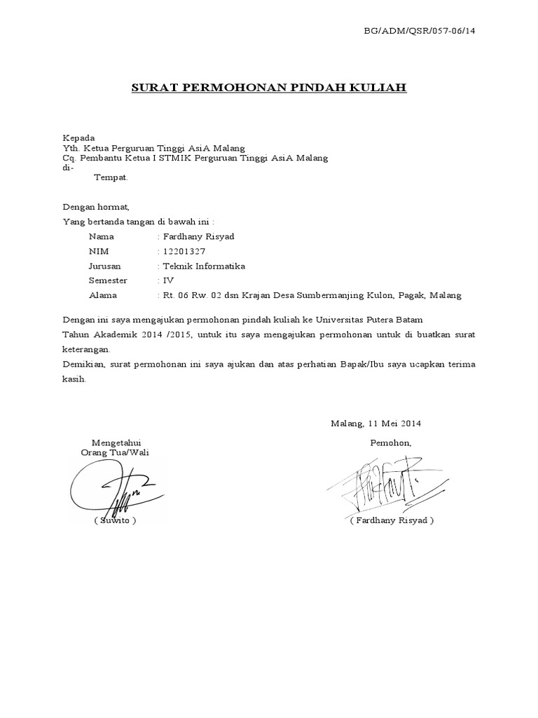 Surat Permohonan Pindah Kuliah