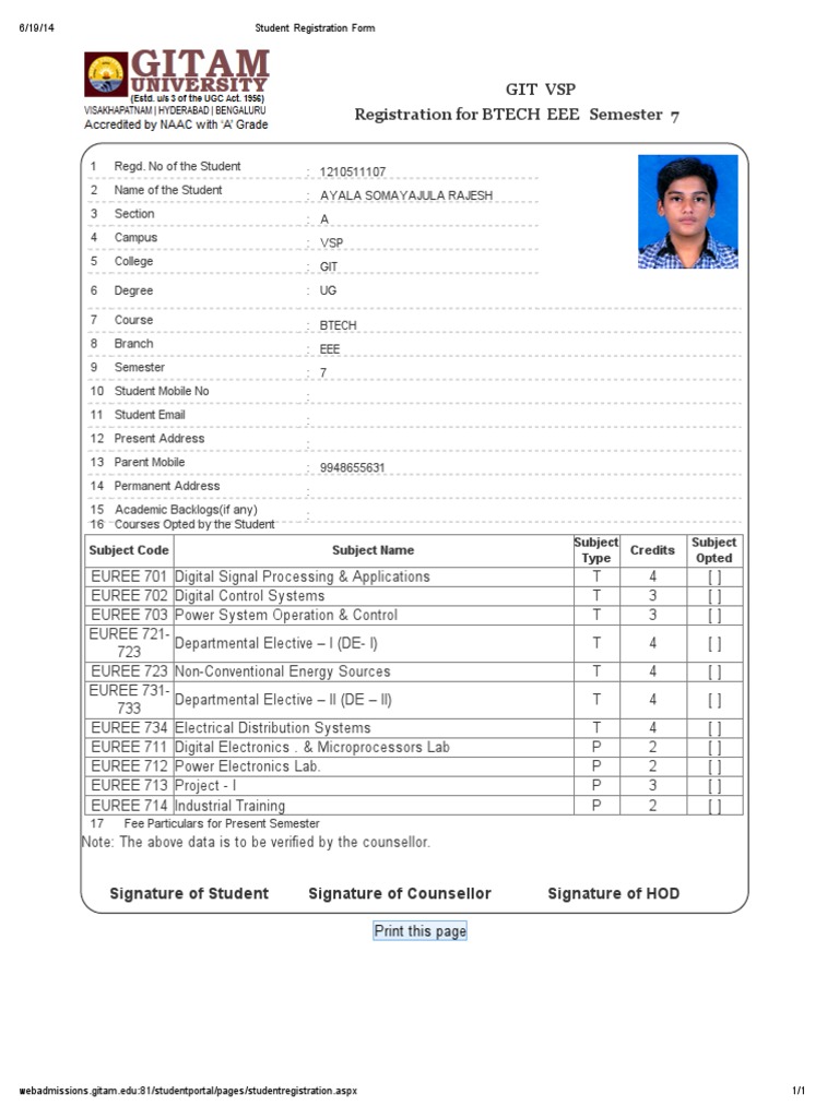 Student Registration Form for BTech EEE | PDF