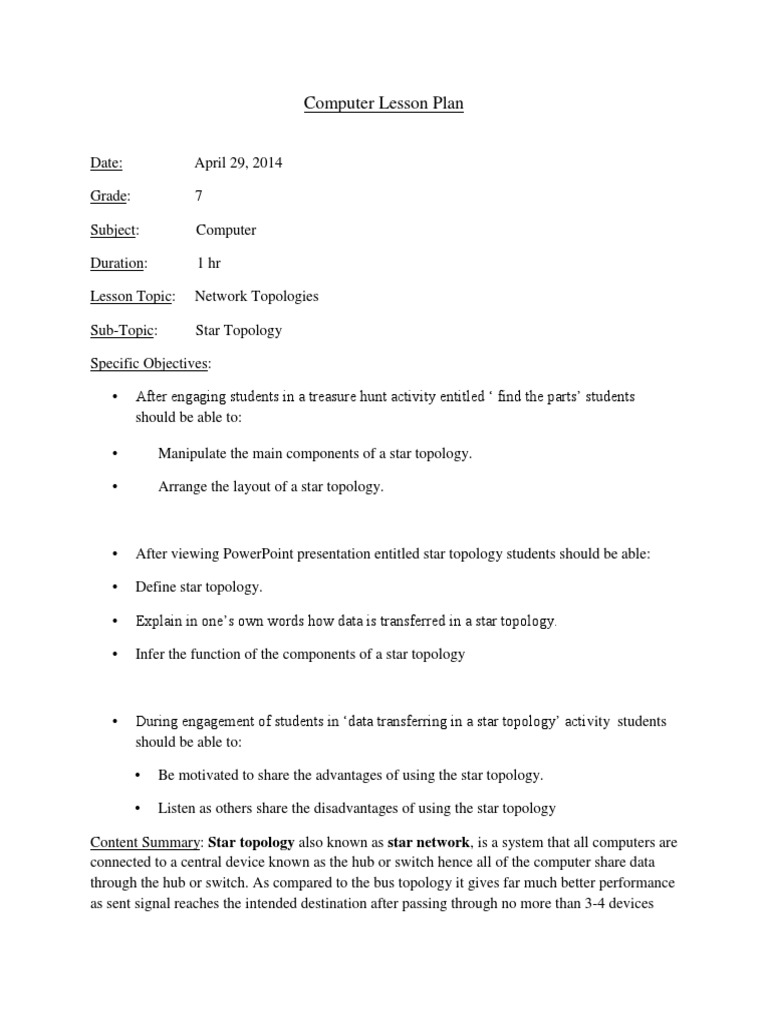 Computer Lesson Plan PDF Word Processor Network Topology