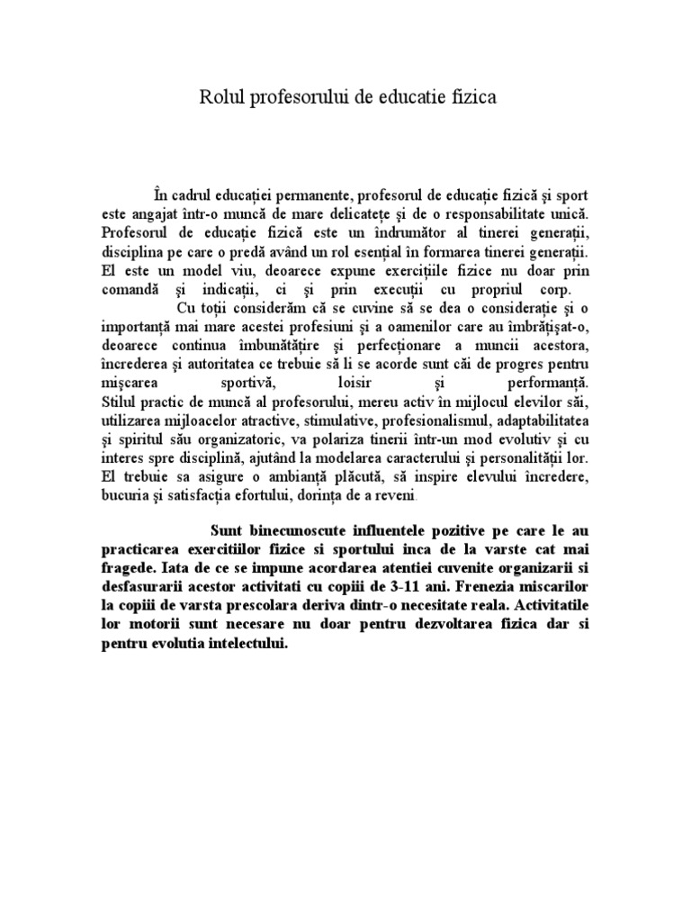 Rolul Profesorului de Educatie Fizica