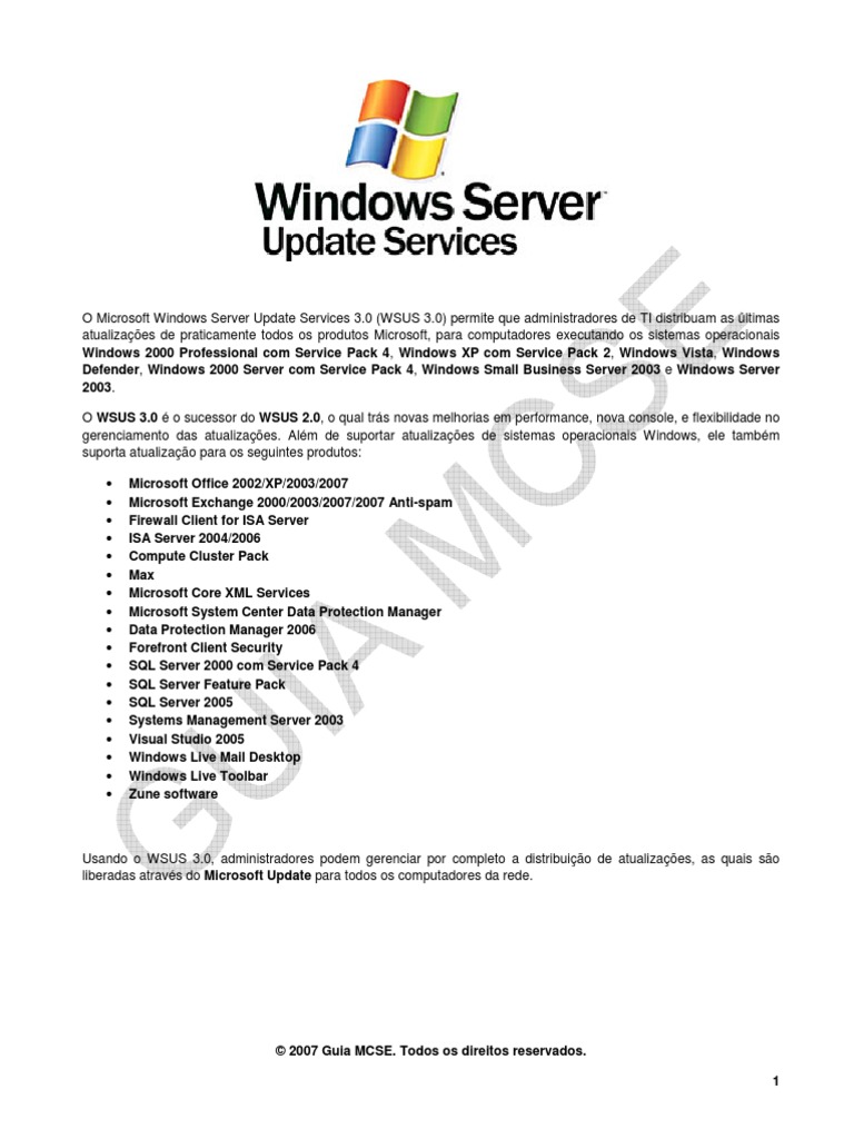 Instalando e Configurando o WSUS 3 0 | PDF | Windows Server 2003 ...