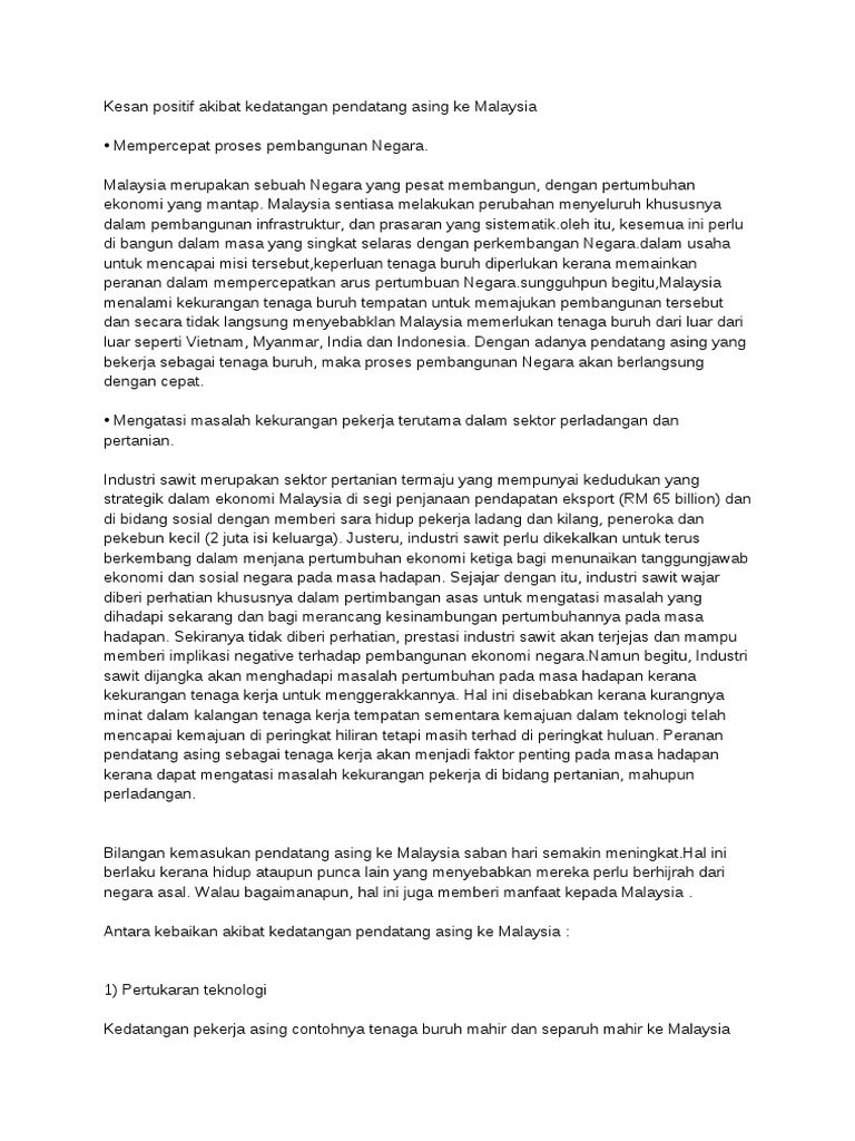Kesan Kemasukan Pendatang Asing