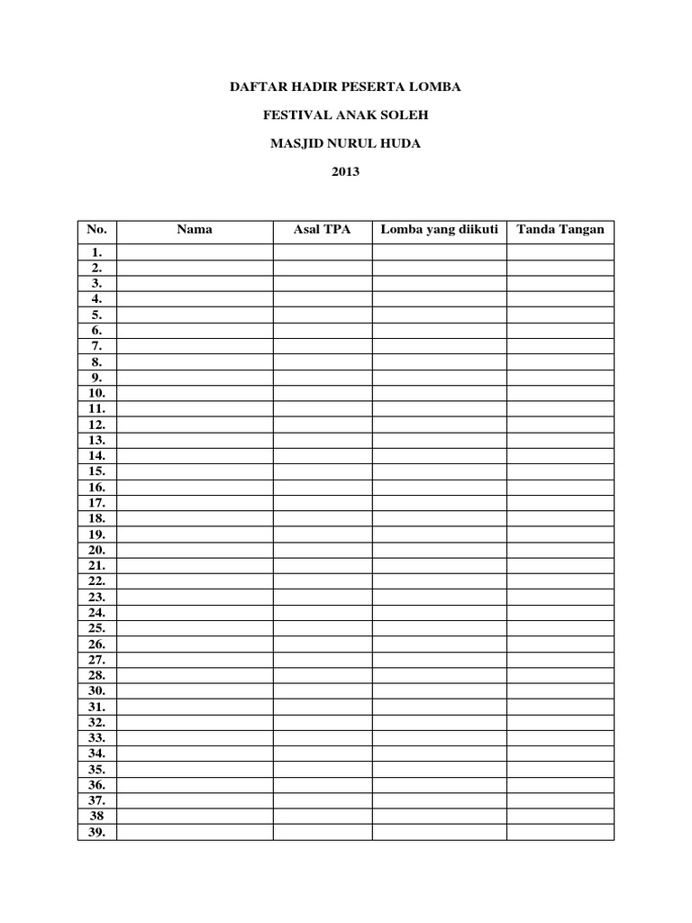 Daftar Hadir Peserta Lomba