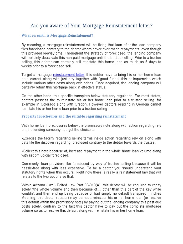 Are you aware of Your Mortgage Reinstatement letter? Foreclosure