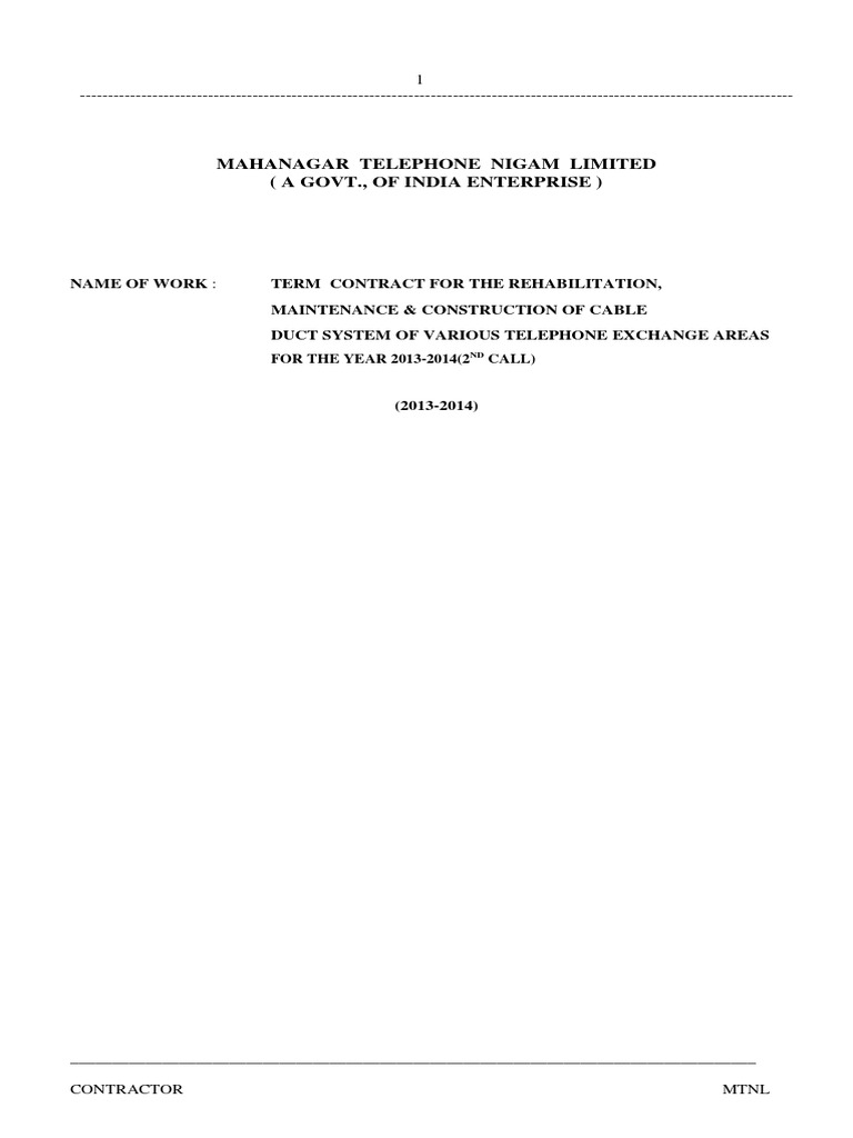 MTNL Cable Duct System Contract 2013-14 | PDF | General Contractor | Banks